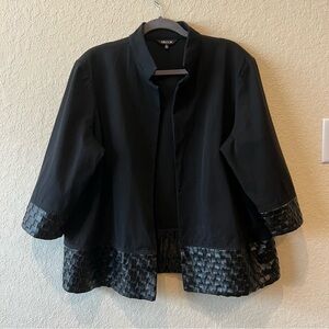 Misook stretchy cotton blend jacket with faux leather braided basket woven trim